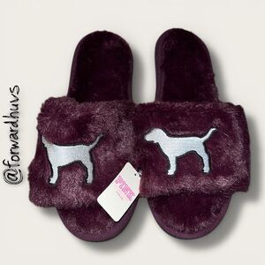 Victoria’s Secret PINK Fuzzy Slide Slippers – Purple – Silver Dog Logo – Size S/